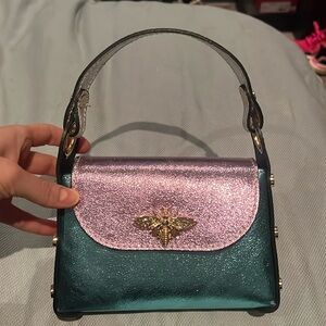 Metallic Leather Bag w/ Studs and Bee: Multi with gold chain